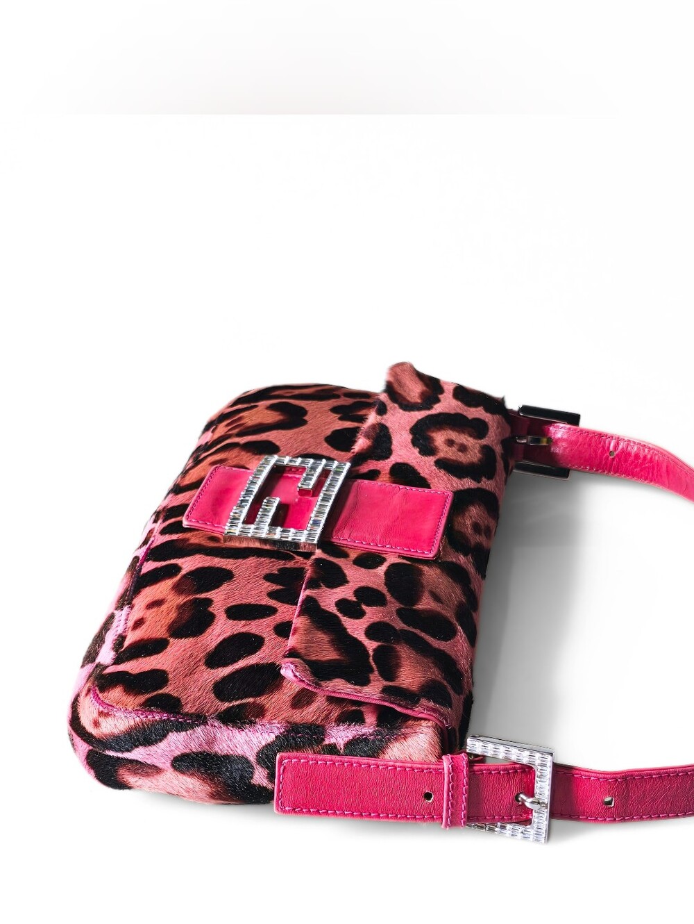Fendi Baguette Vintage Pink Leopard Pony Hair Crystal Buckle Detail - Picture 7 of 16